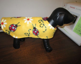 Fleece DOG COAT - Lady Bugs Yellow with Red reverse side.