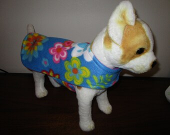 Fleece DOG COAT - Flowers Blue with Turquois reverse side. L 40-50 lbs.