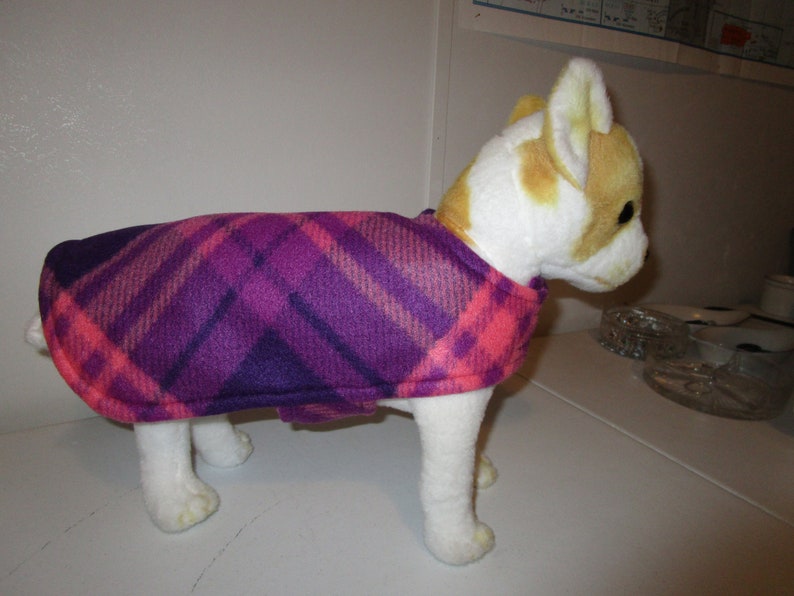 Fleece DOG COAT Plaid Dark Pink Purple with Pink reverse side. image 1