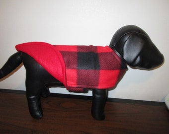 DOG COAT - Fleece Buffalo Check Red Black with red reverse side.