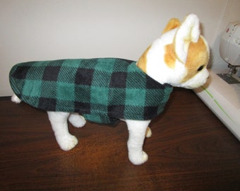 DOG COAT - Fleece Buffalo Check Green with Black reverse side.