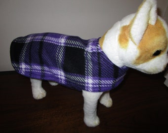 DOG COAT - Fleece Tartan Plaid Purple Black with Black reverse side. Size - L 40-50 lbs.