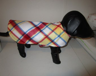 Fleece DOG COAT - Plaid white blue yellow with blue reverse side.