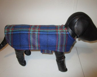 DOG COAT - Fleece Tartan Plaid Navy Red with Red reverse side.