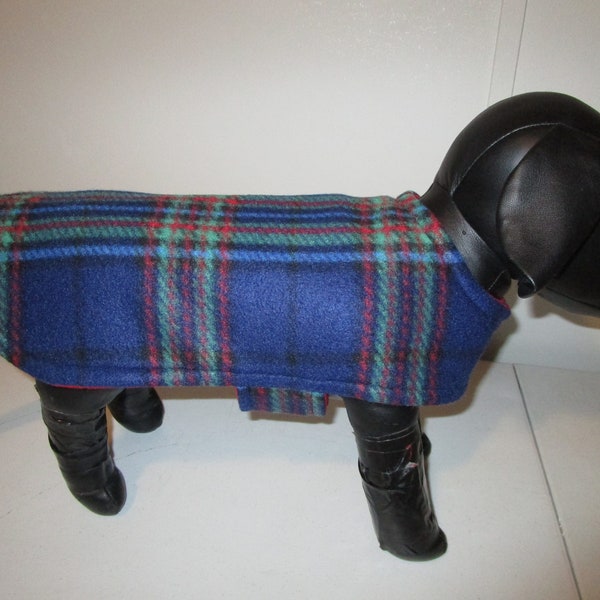 DOG COAT - Fleece Tartan Plaid Navy Red with Red reverse side.