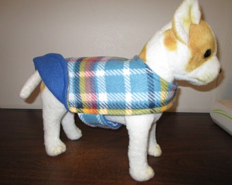 Fleece DOG COAT - Plaid Blue Red Yellow with Blue reverse side.