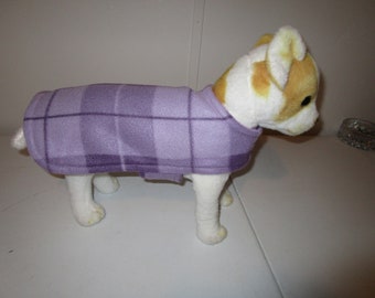 DOG COAT - Fleece Soft Plaid Lavender with Lavender reverse side.