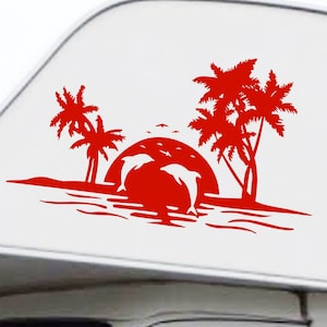 Kit 1 adesivo Camper DELFINI mare sole PALME estate Caravan Roulotte Comp. per Adria Arca Bürstner Carthago Elnagh Mclouis Cod.2434
