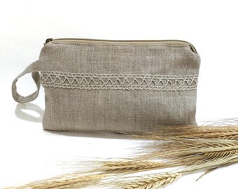 Handmade Natural Linen Cosmetic Bag with Lace - Zippered Travel Pouch