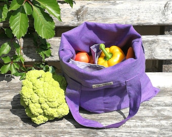 Purple Linen Shopping Bag, 4 Pocket Sections Inside, Organized Market Bag, Zero Waste Market Tote Bag, Reusable Shopper's Bag With Handles