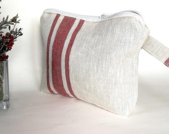 Handmade Linen Makeup Bag: Cherry Red Striped Zipper Pouch