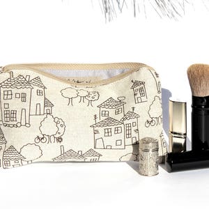 Ilustración de la ciudad: Estuche cosmético de lino beige - Bolsa pequeña con cremallera - Estuche pequeño para maquillaje y lápiz - Mini teléfono de lino - Cartera para bolsa de gafas