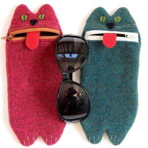 Funda de teléfono de lana con diseño de gato hecha a mano: funda para gafas con cremallera para niños imagen 4