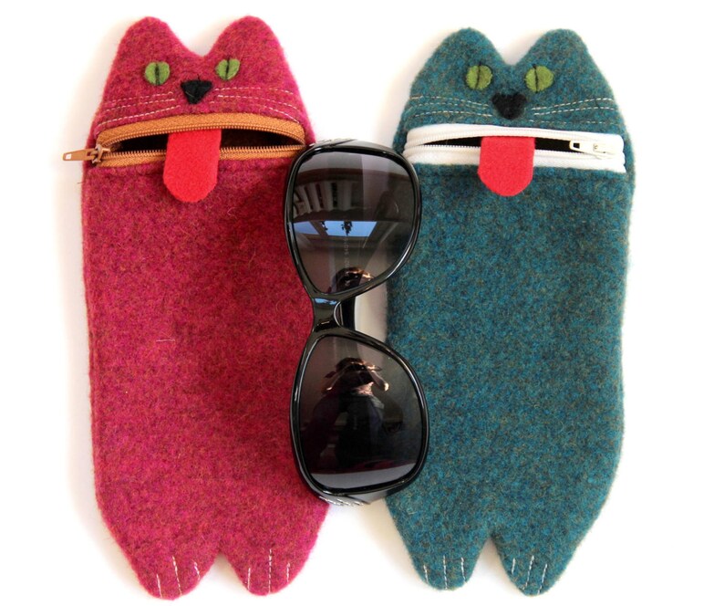 Funda de teléfono de lana con diseño de gato hecha a mano: funda para gafas con cremallera para niños imagen 4