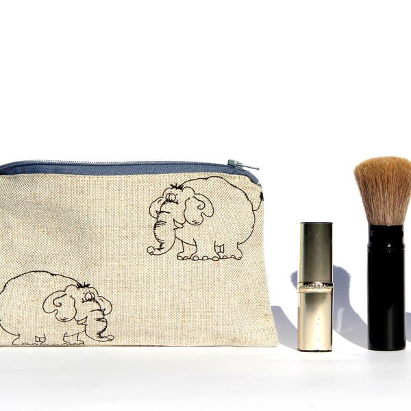 Mini Linen Cosmetic Bag, Elephant Print Small Zippered Pouch, Linen Clutch, Toiletry/ Make Up Case, School Pencil Case, Pen Pouch for kids