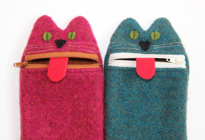 Funda de teléfono de lana con diseño de gato hecha a mano: funda para gafas con cremallera para niños imagen 6