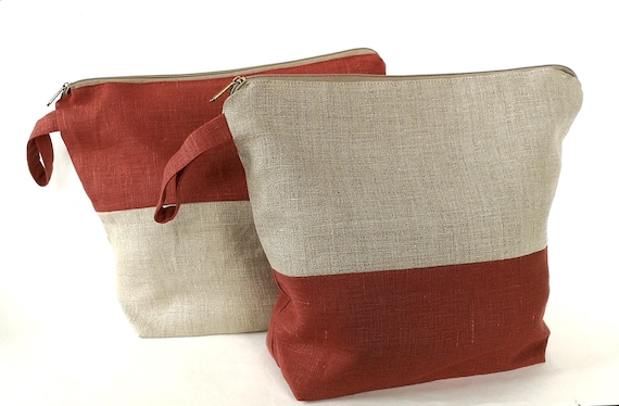 Handmade Burnt Orange Linen Toiletry Bag: Medium Project Organizer