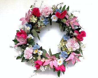 Flower Spring Wreath for Front Door Decoration with Magnolia, Eucalyptus, Boho Rustic Wreath, Table Twig Hoop, Pink Artificial Flowers Gift