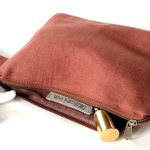 Borsa cosmetica in lino terracotta per donna Borsa per trucco per borsa Piccola capacità Borsa da viaggio per trucco con cerniera Borsa da toilette Organizer