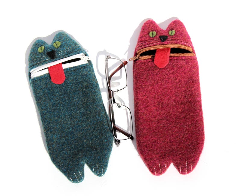 Funda de teléfono de lana con diseño de gato hecha a mano: funda para gafas con cremallera para niños imagen 5