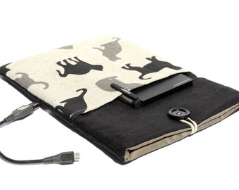 Funda acolchada de lino negro para iPad: funda de viaje para tableta con estampado de gatos