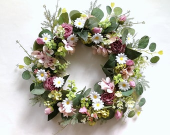 Blumen Frühlingskranz für Haustür Dekoration mit Eukalyptus, Boho Kranz, Ostern Tisch Zweig Hoop, Pastell Kunstblumen, Geschenk