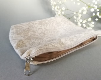 Rustic Small Beige Linen Cosmetic Bag with Flowers - Zippered Wedding Makeup Pouch/ Clutch/ Toiletry - Little Make Up Case - Natural Canvas