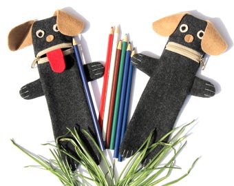 Gray Dog Pencil Case, Puppy Children's Pen Pouch, Animal Zippered Pencil Bag, Kids Crayon Organizer, Dog Lover Gift Idea, Crochet Hooks Case