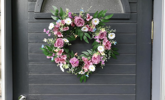 Ghirlanda Floreale Artificiale Con Peonie Rosa - Diametro 50 Cm Per Porta O Parete - 6