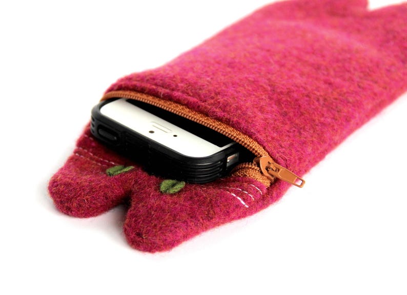 Funda de teléfono de lana con diseño de gato hecha a mano: funda para gafas con cremallera para niños imagen 2