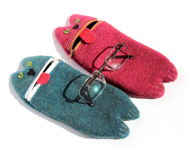 Funda de teléfono de lana con diseño de gato hecha a mano: funda para gafas con cremallera para niños imagen 8
