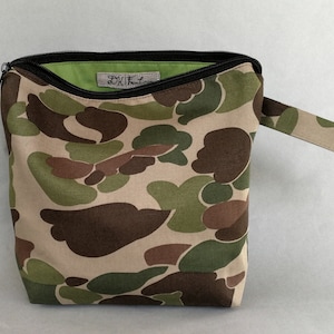 Camouflagezakje, olijfgroen bruin beige katoen camo cosmetisch tasje, militaire stof, make-uptasje, heren dames heren toilettas toilettas reistas
