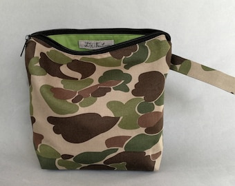 Camouflage Pouch, Olive Green Brown Beige Cotton Camo Cosmetic Case, Military Fabric,  Make Up Case, Mens Womans Lads Toiletry Travel Bag