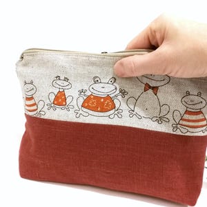 Burnt Orange Linen Cosmetic Bag with Frogs– Organic Zippered Makeup Pouch– Handmade Toiletry Case for Women & Kids, Small Travel Pencil Case