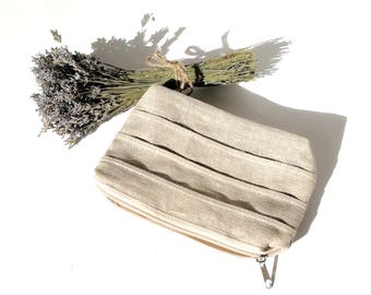 Rustic Striped Linen Cosmetic Bag: Handmade Toiletry Pouch