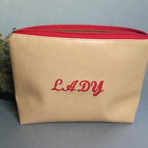 Trousse à cosmétiques en similicuir recyclé, Trousse de toilette avec fermeture à glissière pour femme, Pochette de voyage en cuir végétalien crème, Petite trousse de maquillage