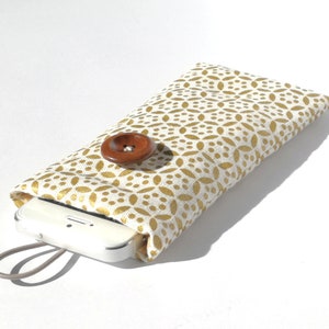 Padded Linen Phone Sleeve: Golden Print, Button Closure