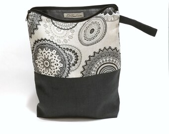 Gifts for Her Large Grey Linen Knitting Project Bag Handmade Yarn Organizing Case Zippered Crochet Pouch Sock Sack Tote Organizer Mandala