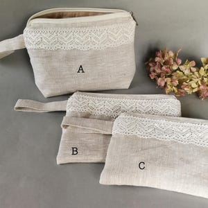 Mini trousse cosmetica unica, pochette per il trucco in lino con pizzo, beauty case da viaggio minimalista fatto a mano, borsetta con cerniera, regalo di nozze per lei