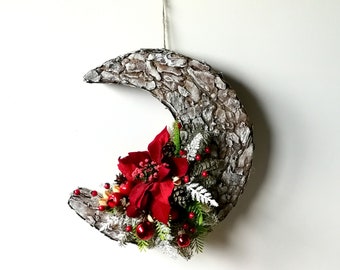 Natural Tree Bark Moon Wreath, Mystical Moon Wreath, Hanging Wall Decor, Christmas Decor, Hanging Floristic Moon