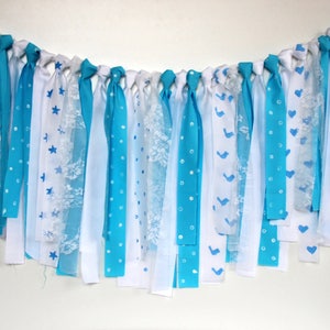 Rag Tie Banner - Blue/ White Shabby Chic - Hand Painted Fabric Garland - Birthday Backdrop - Photo Prop - Room Decor- Wedding/ Bridal Shower