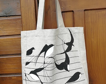 Handmade Linen Tote Bag: Baltic Natural Linen Shopper with Swallow Print