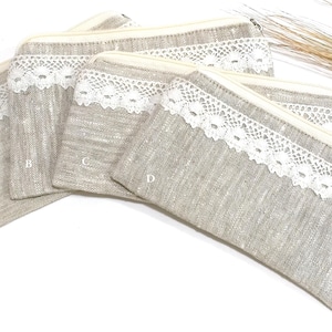 Sacchetto di lino con cerniera, astuccio da viaggio per articoli da toeletta, piccola borsa con cerniera, borsa per il trucco in lino, astuccio per cosmetici con pizzo, astuccio grande per matite, regalo per donna