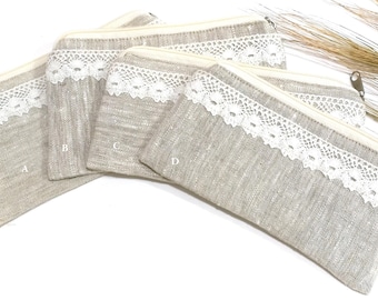 Handmade Natural Linen Zipper Pouch: Lace Cosmetic Bag, Travel Toiletry Case
