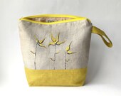 Yellow Linen Cosmetic Case with Hand Painted Flower, Large Make-up Pouch, Knitting Project Bag, Zippered Crochet Bag, Travel Toiletry Case