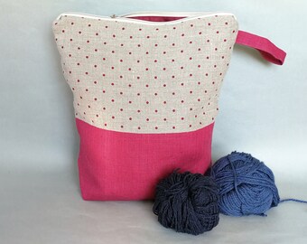 Linen Large Knitter's Sock Project Case, Crochet Basket, Dotted Print, Knitting Project Bag Pink Gray Zippered Yarn Organizer Gift Big Pouch