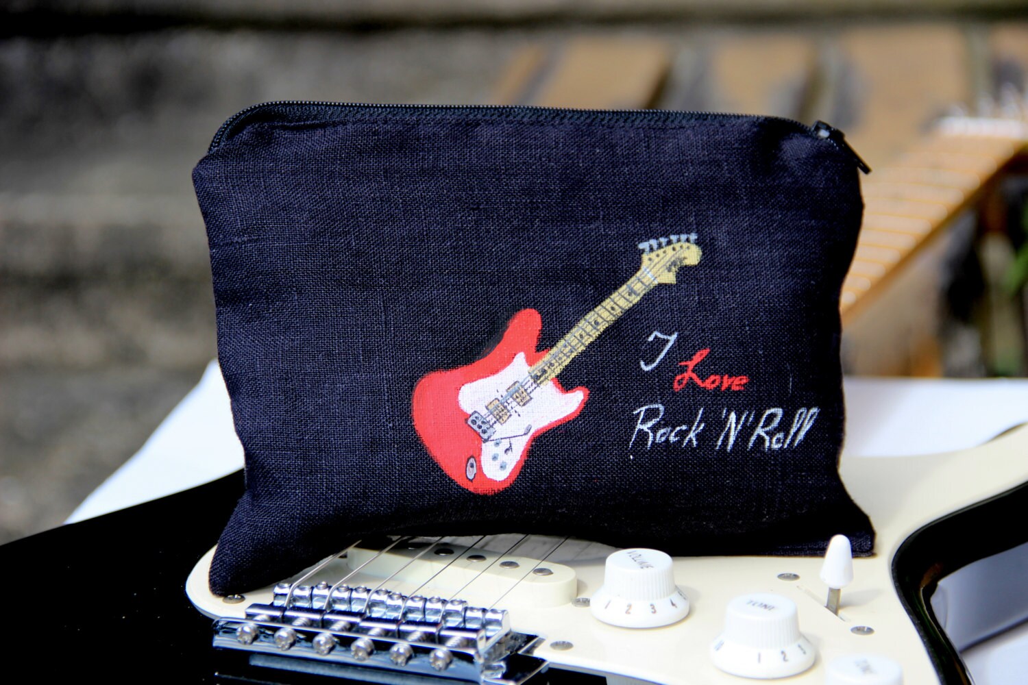 Lets Rock And Roll Kosmetiktasche – Für Gitarrenfans, 23x18 Cm, Aus Baumwolle/Leinen