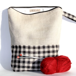 Presents for Mom: Checked Rustic Organic Linen Knitting Project Bag, Knitter&#39;s Pouch, Crochet Case Organizer Storage Large Sock Project Tote