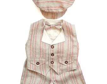 Linen Baby Boy Suit, Baby Boy Formal Wear, Boy Retro Wedding/ Birthday Outfit, Rustic Toddler Baptism Suit, Ring Bearer Suit Vest Pants Hat