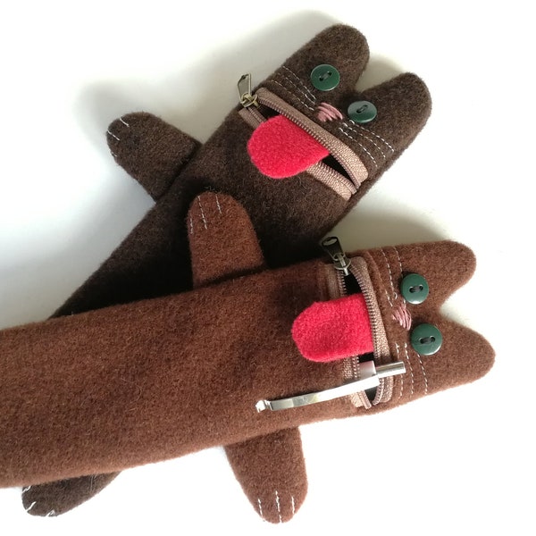 Trousse Kitty, cadeau pour amoureux des animaux de compagnie - petit étui en laine brune, pochette à stylos pour enfants, trousse à crayons à fermeture éclair animal, étui au crochet, cadeaux pour enfants